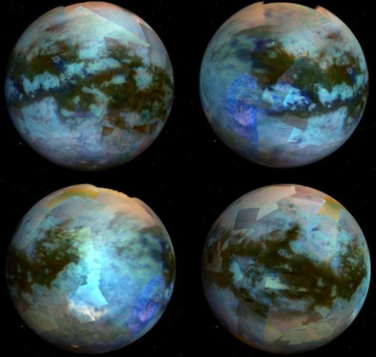 Global mosaic of Visual and Infrared Mapping Spectrometer (VIMS) images acquired during the nominal and equinox Cassini mission. Differences in composition translate into subtle differences of colors in this mosaic, revealing the diversity of terrains on Titan, such as the brownish equatorial dune fields or the bright, elevated terrains.