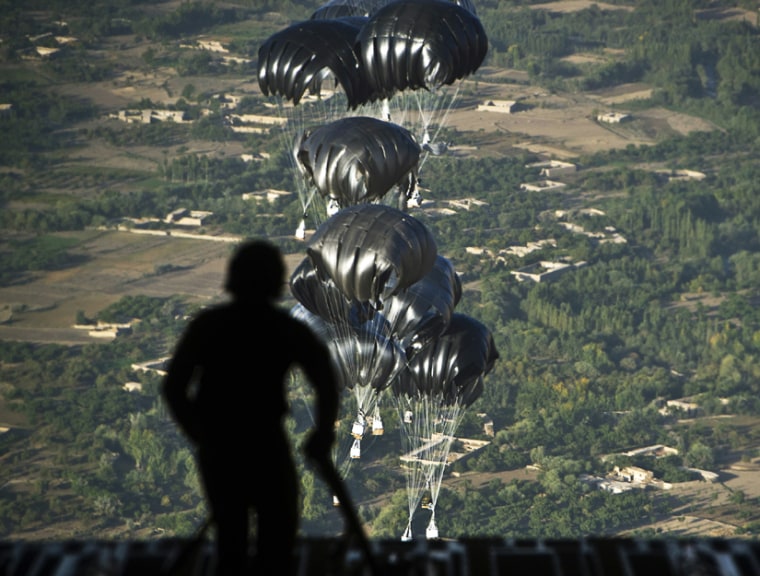 A C-17 air drop of 40 bundles to a remote outpost in Afghanistan.
