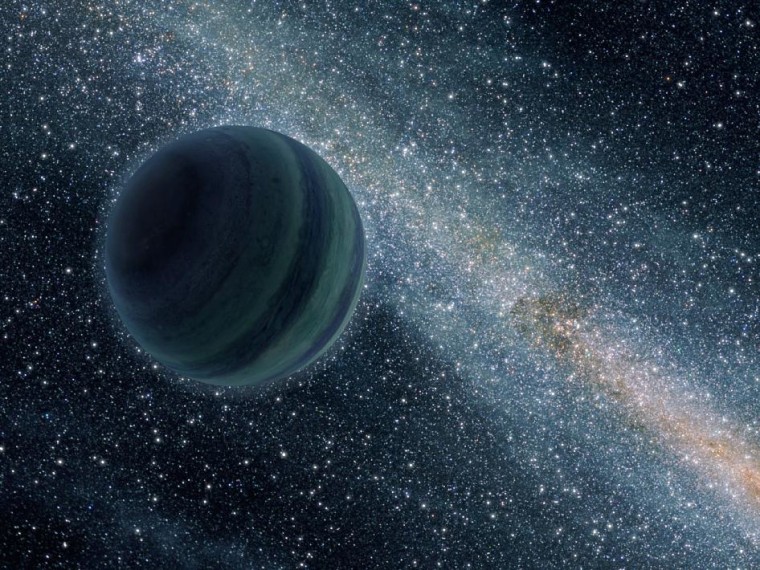 This artist's conception shows a Jupiter-like planet alone in the dark of space, floating freely without a parent star. Astronomers recently uncovered evidence for 10 such lone worlds, thought to have been "booted," or ejected, from developing solar systems. 