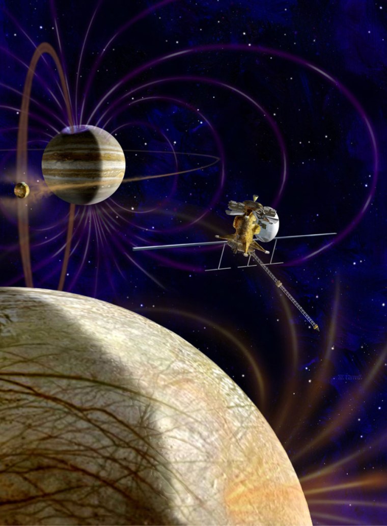 This artist’s concept shows NASA's Jupiter Europa Orbiter, which as planned woulld carry a complement of 11 instruments to explore Europa and the Jupiter system. The spacecraft is part of the joint NASA-ESA Europa Jupiter System Mission.