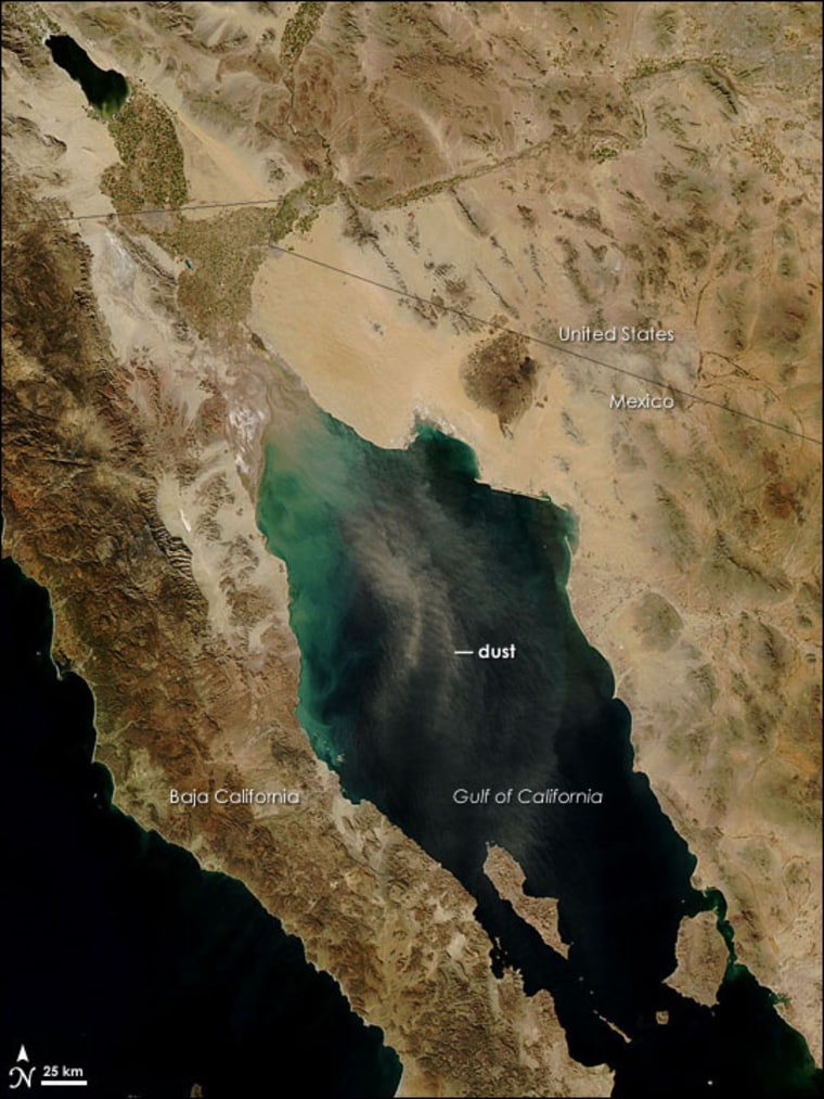 Dust blew southward over the Gulf of California in this image taken by NASA's Aqua on Dec. 25, 2007.