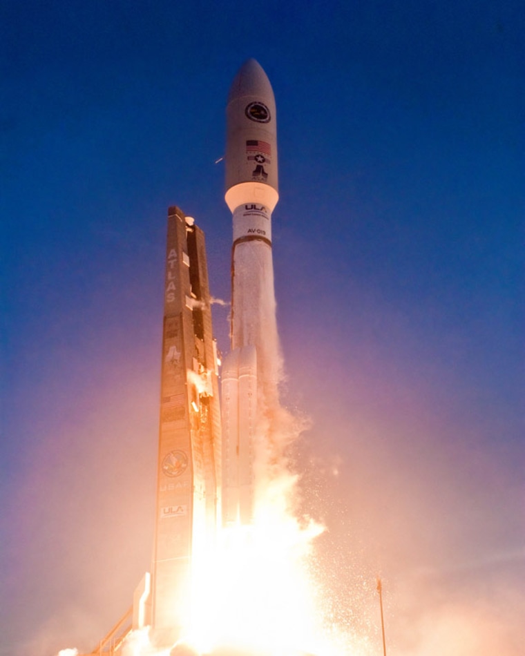A United Launch Alliance Atlas 5 rocket with the Air Force’s Advanced Extremely High Frequency-1 (AEHF-1) satellite lifts off from a launch pad at Cape Canaveral Air Force Station on Aug. 14, 2010.