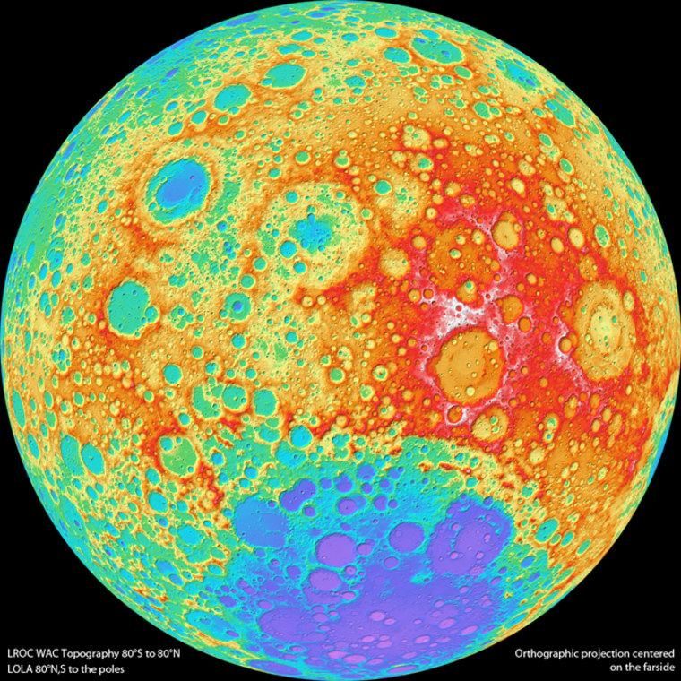 This color-shaded relief view of the moon's far side, taken by NASA's Lunar Reconnaissance Orbiter, is part of the highest-resolution near-global lunar topographic map ever created.