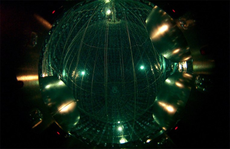 The Borexino neutrino detector is in Italy's Gran Sasso National Laboratory under Gran Sasso Mountain. It detects anti-neutrinos and other subatomic particles that interact in its special liquid center, a 300-ton sphere of scintillator fluid surrounded by a thin, 27.8-foot (8.5-meter) diameter transparent nylon balloon. This all “floats” inside another 700 tons of buffer fluid in a 45-foot (13.7-meter) diameter stainless steel tank immersed in ultra-purified water. 