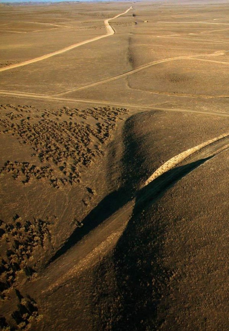 The view looking southeast along the surface trace of the San Andreas fault in the Carrizo Plain, north of Wallace Creek. Elkhorn Road meets the fault at top.