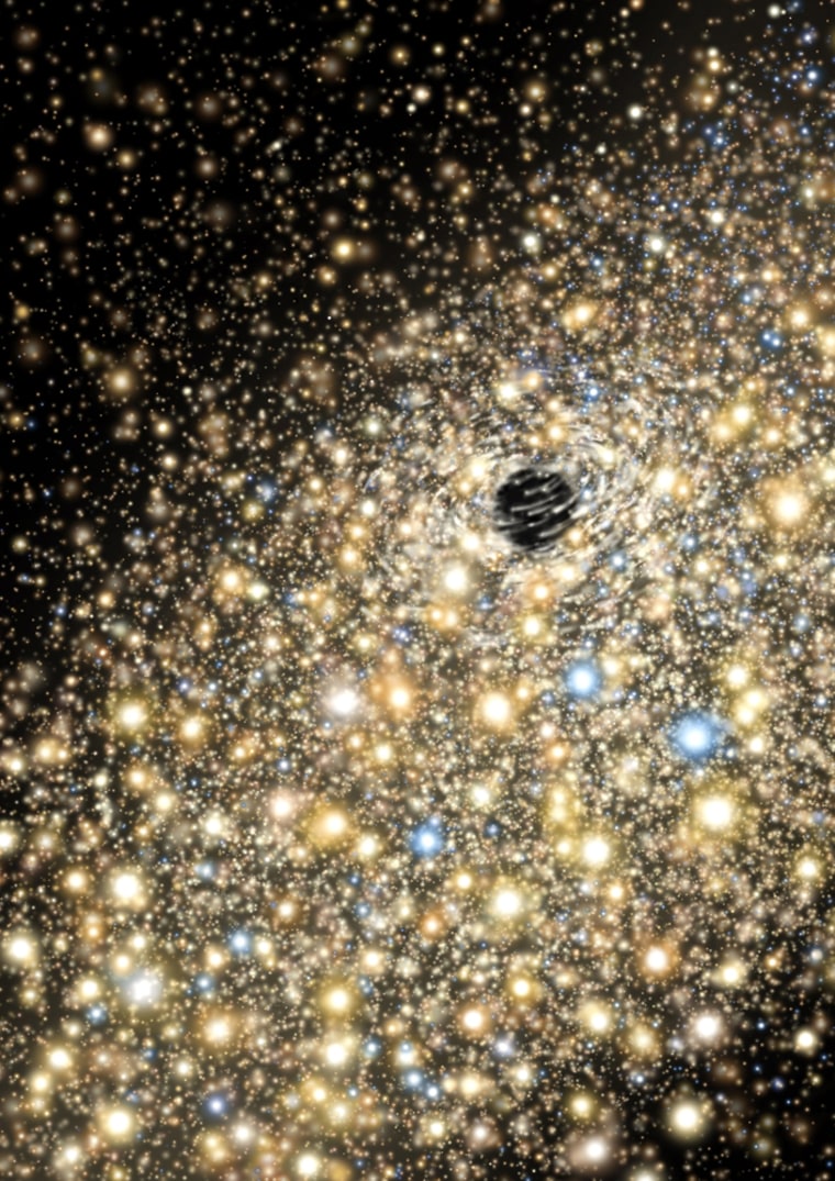 An artist's conception of stars moving in the central regions of a giant elliptical galaxy that harbors a supermassive black hole.