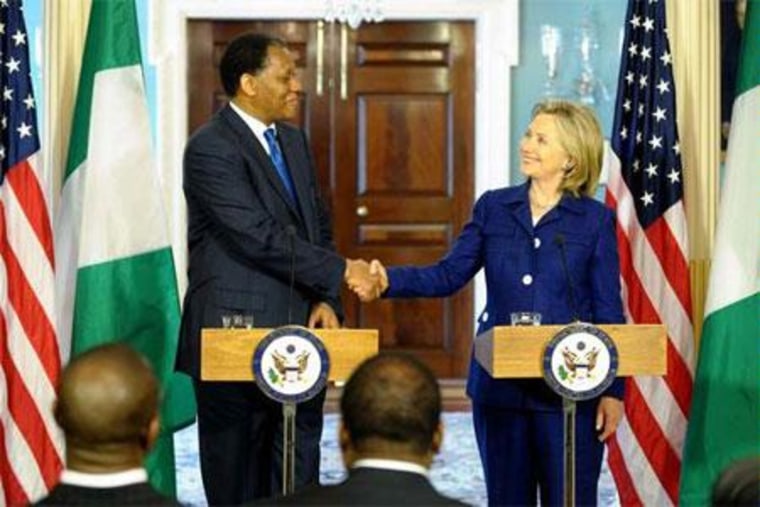 Secretary of State Hillary Rodham Clinton with then-Nigerian Foreign Minister Henry Odein Ajumogobia in Washington, D.C. It's unlikely that any talk of inheritance money came up when the two met in August 2010.