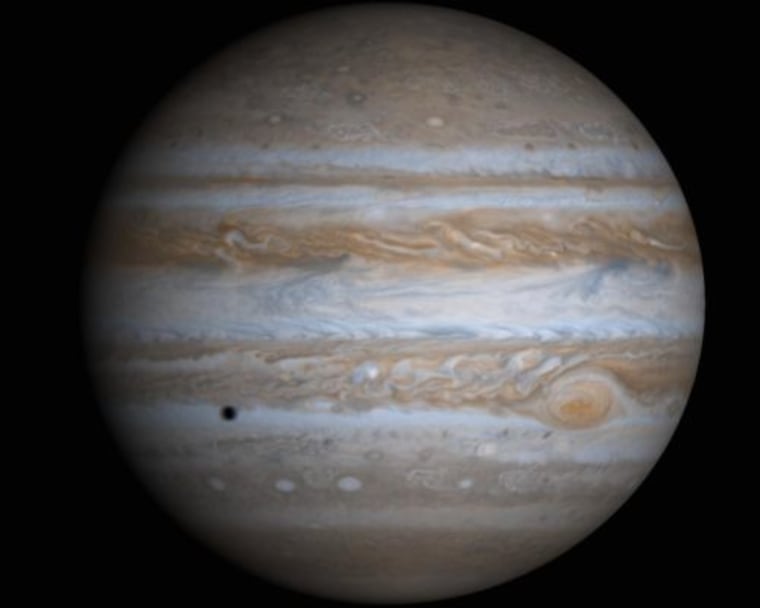 This true-color simulated view of Jupiter is composed of four images taken by NASA's Cassini spacecraft on Dec. 7, 2000. The resolution is about 89 miles  per pixel.