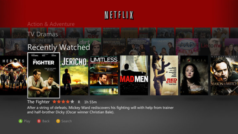 The new Netflix for Xbox 360 stacks titles in tiers, and lets you control playback functions with your voice.