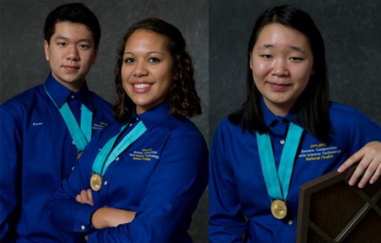 The winner of the 2011 Siemens Competition in Math, Science & Technology $100,000 team grand prize, Ziyuan Liu and Cassee Cain, are on the left. The $100,000 individual grand prize winner, Angela Zhang, is on the right.