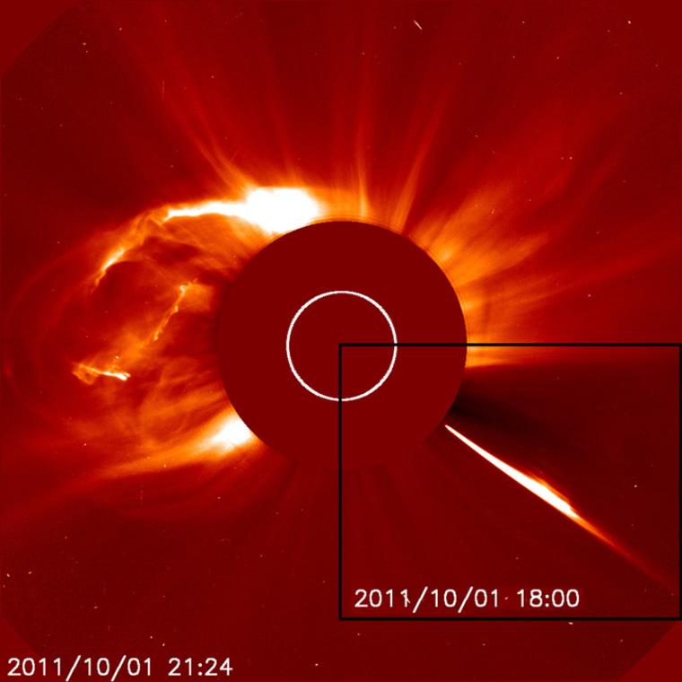 The Solar and Heliospheric Observatory captured this shot of a huge coronal mass ejection on Oct. 1, 2011, shortly after a comet dove into the sun (inset, right).