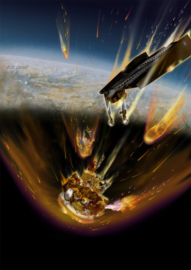 Hope is fading for the Russian Mars spacecraft, stuck in low Earth orbit. If the craft is not brought under control, this artist's concept shows burning fuel as it streams from a ruptured fuel tank as the doomed Phobos-Grunt spacecraft re-enters Earth's atmosphere.