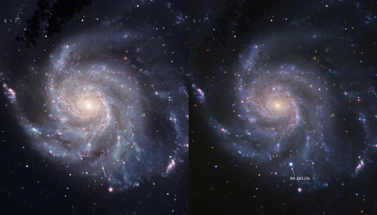 Before-and-after pictures show the Pinwheel Galaxy before a Type 1a supernova exploded (left) and hours after the explosion on Aug. 24 (right).