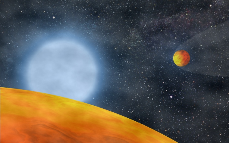 Artist's rendering of the two alien planet candidates KOI 55.01 and KOI 55.02, which apparently survived their star's red-giant phase. They now circle close to the star's core.