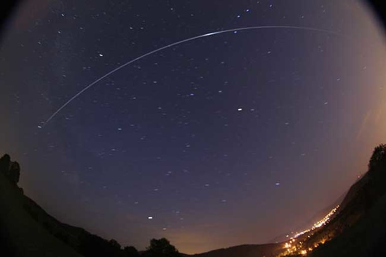 An International Space Station flare photographed as the space station passed over the town of Nydek in the Czech Republic.