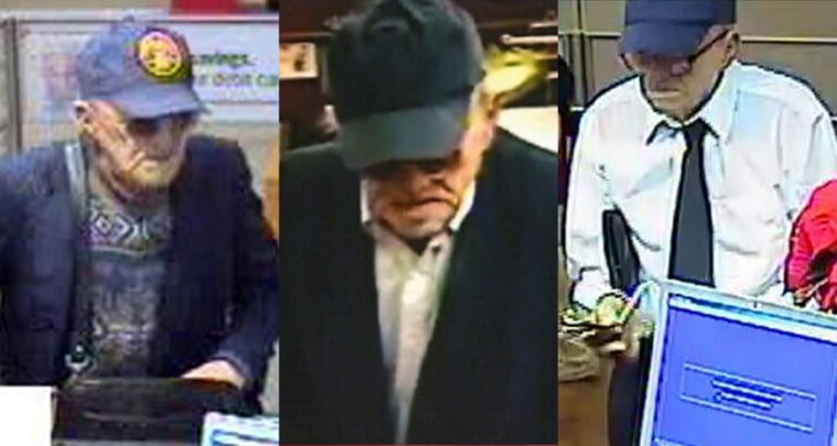 Security cameras capture some of the "Geezer Bandit's" bank robberies. 