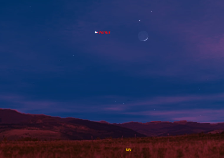 This sky map shows how the planet Venus and the moon will appear in the southwestern sky at 5 p.m. local time on Dec. 26.