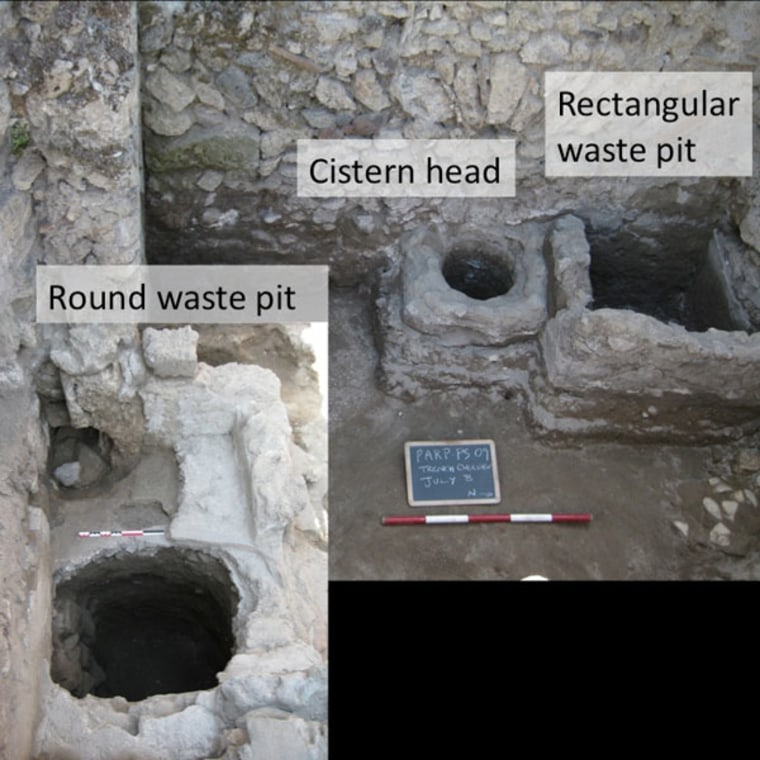A composite photo shows the location of two trash pits in close proximity to a cistern that held drinking and washing water in a home in Pompeii. Residents' casual attitude toward trash explains why tombs were filled with household garbage, an archaeologist says.