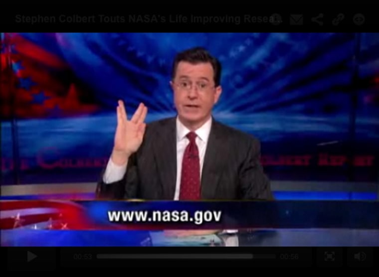 Stephen Colbert makes the Vulcan hand sign from "Star Trek."