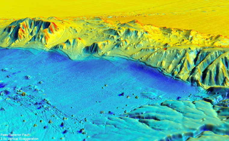 Earthquake surface ruptures cut and warp the ground in this 3-D rendering of the post-earthquake topographic survey colored by elevation change during the earthquake. Image generated in Crusta (keckcaves.org) with 2.5x vertical exaggeration. 