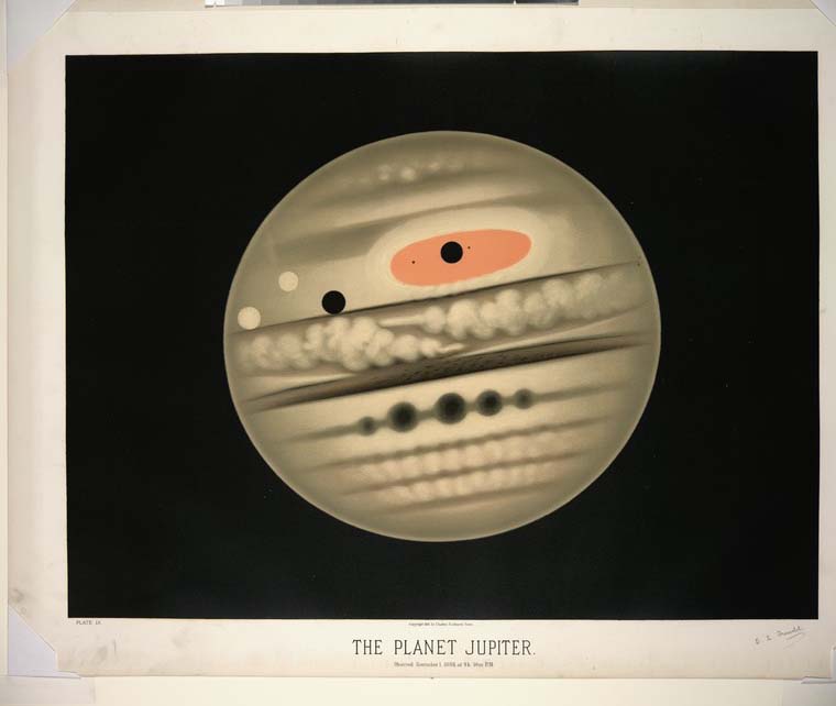 A chromolithograph of the planet Jupiter, observed Nov. 1, 1880, at 9:30 p.m. The piece of art reveals Jupiter's Great Red Spot, akin to a hurricane on Earth, which has been raging on the planet for hundreds of years.