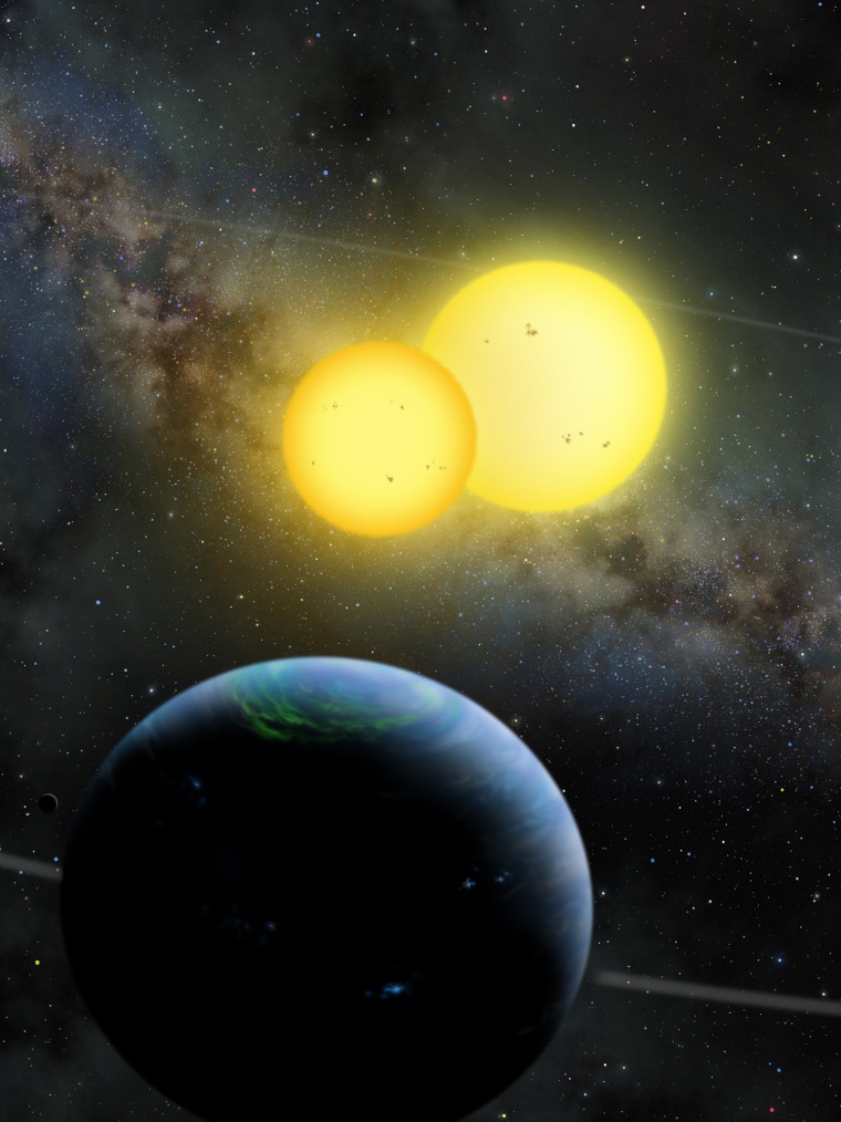 An artist's illustration of Kepler-35b, a Saturn-size planet around a pair of sun-size stars, as envisioned by artist Lynette Cook. The discovery of Kepler-35b and another twin sun planet, Kepler-34b, was announced Wednesday and represents a new class of circumbinary planets.