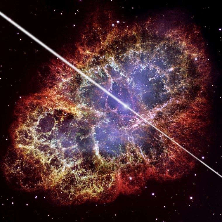 An artist's conception of the pulsar at the center of the Crab Nebula, with a Hubble Space Telescope photo of the nebula in the background. Researchers using the VERITAS telescope array have discovered pulses of high-energy gamma rays coming from this object.