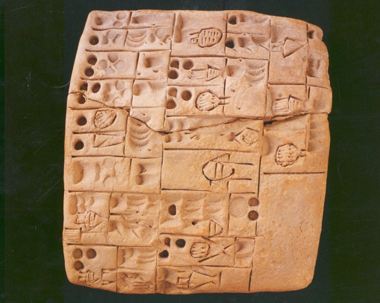 Archaic writing tablet from Mesopotamia (about 3000 B.C.). The tablet, which contains proto-cuneiform writing, belongs to the most ancient group of written records on Earth. It contains calculations of basic ingredients required for the production of cereal products, such as different types of beer. 