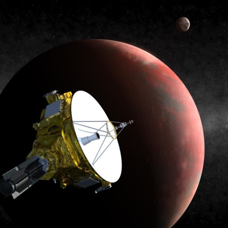An artist's concept of the New Horizons spacecraft as it visits Pluto in 2015. Instruments will map Pluto and its moons, providing detail not only on the surface of the dwarf planet, but also about its shape, which could reveal whether or not an ocean lies beneath the ice.