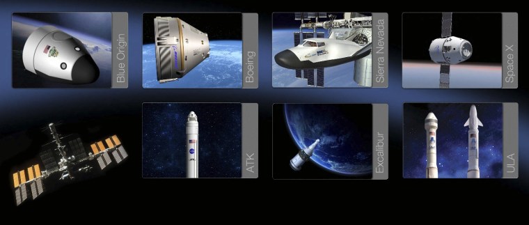 A NASA graphic shows hardware from the aerospace companies that have Space Act Agreements with the agency for developing crew transport systems. Top row, from left: Blue Origin's orbital space vehicle, Boeing's CST-100, Sierra Nevada's Dream Chaser and SpaceX's Dragon. Bottom row includes the International Space Station as well as ATK's Liberty Rocket, Excalibur's Almaz spacecraft and United Launch Alliance's rockets. The companies represented in the bottom row currently have unfunded agreements.