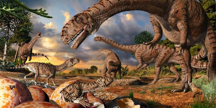 This artist's interpretation shows 190 million-year-old nests, eggs, hatchlings and adults of the prosauropod dinosaur Massospondylus in Golden Gate Highlands National Park, South Africa. While the mother dinosaurs likely were 20 feet (6 meters) long, their eggs were only 2.3 - 2.7 inches (6 to 7 cm) wide.