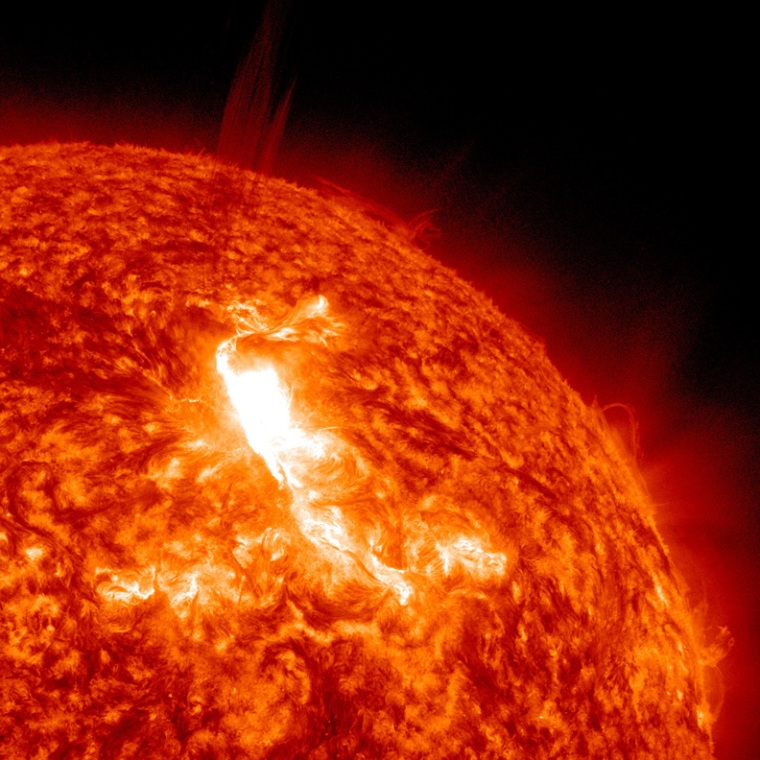 Solar Dynamics Observatory captured this flare, shown here in red/orange as that is the color typically used to show light in the 304 Angstrom wavelength. The flare began at 10:38 p.m. ET on Sunday, peaked at 10:59 p.m. and ended at 11:34 p.m.
