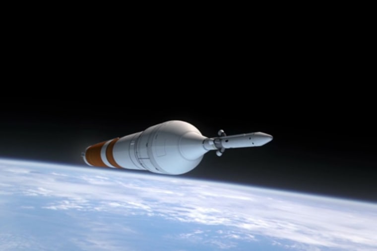 A heavy-lift rocket carrying NASA's Orion Multi-Purpose Crew Vehicle launches on the Exploration Test Flight 1 in this still from a NASA video. The test flight, targeted for 2014, would test vital Orion systems and re-entry techniques for deep space missions to an asteroid or elsewhere.
