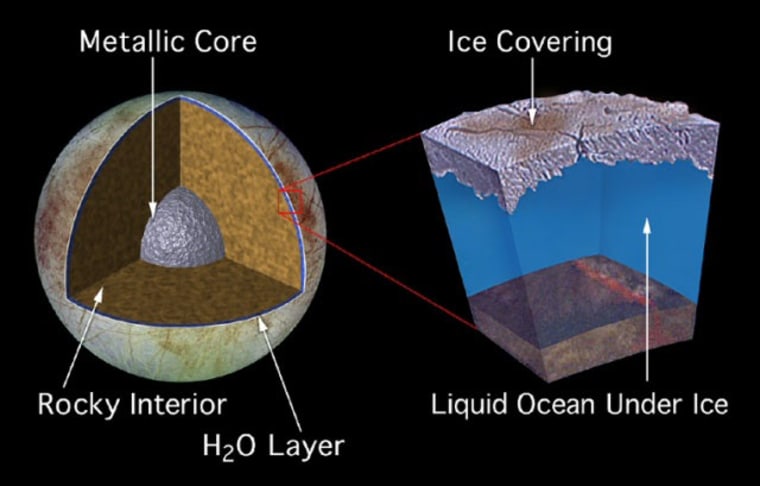 This is a model of Europa's interior. The moon is thought to have a metallic core surrounded by a rocky interior, and then a global ocean on top of that, surrounded by a shell of water ice.