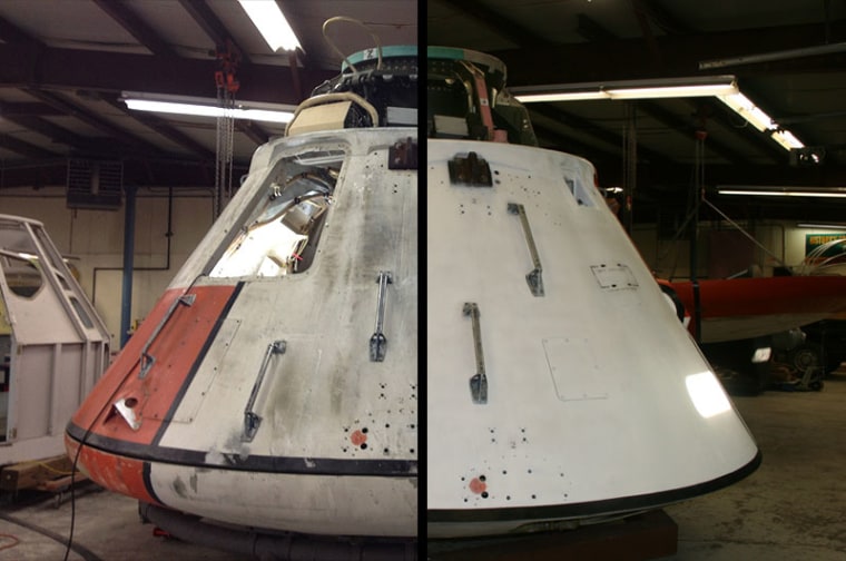 Before and after — Apollo test capsule Boilerplate 19A as it appeared before it was restored (left) and after eight weeks of restoration at the Kansas Cosmosphere and Space Center in Hutchinson, Kan.