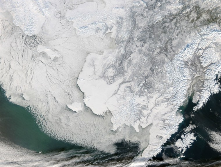 A satellite image of Arctic sea ice in the Bering Strait.