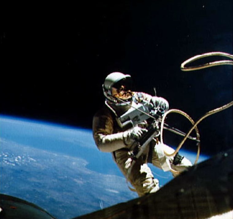 NASA astronaut Ed White was flying aboard the Gemini 4 spacecraft when he made America's first spacewalk on June 3, 1965.