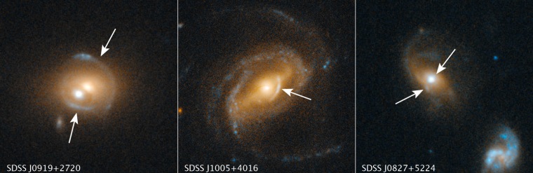 This Hubble Space Telescope image shows three quasars, which are brightly shining galaxies dominated by huge central black holes, causing a light-bending effect called gravitational lensing.