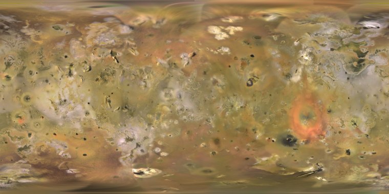 This first-ever complete map of Jupiter's volcanic moon Io, released on Monday, was created using data and images from NASA's Galileo spacecraft, (which studied Jupiter and its moons between 1995 and 2003) and the Voyager mission in 1979. Color views from Galileo were superimposed on higher-resolution monochrome images.