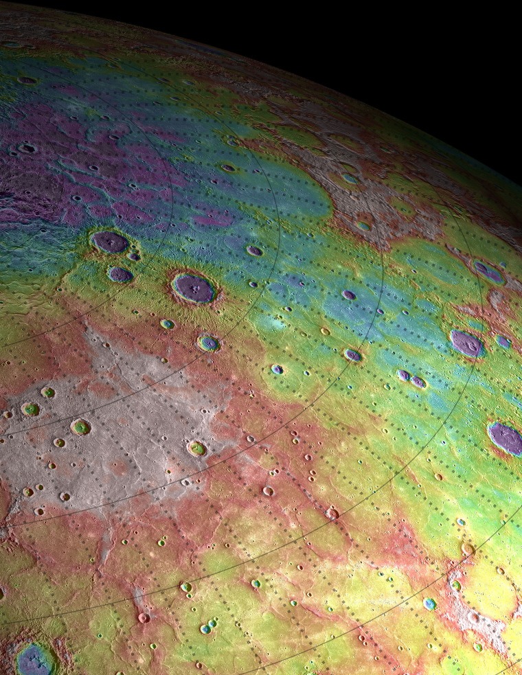 Perspective view of ancient volcanic plains in the northern high latitudes of Mercury revealed by NASA's Messenger spacecraft. Purple colors are low and white is high, spanning a range of about 2.3 km. Width of area spans about 1,200 km. Each line is 5 degrees in latitude and longitude.