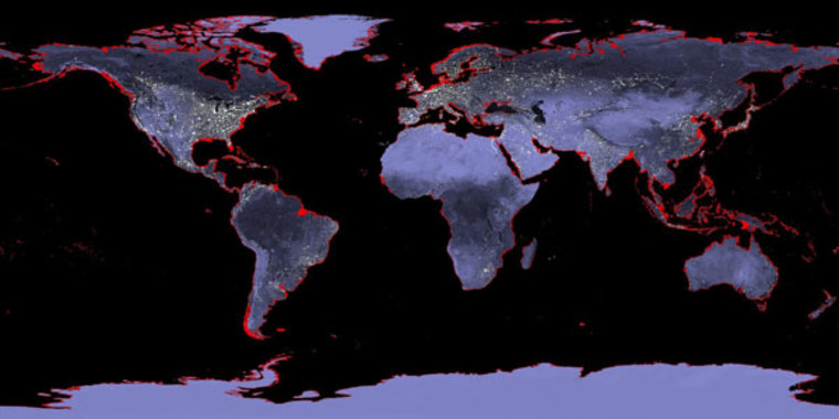 Earth with a sea level rise of 6 meters (20 feet). Imagine a possible future rise of nearly 70 feet.