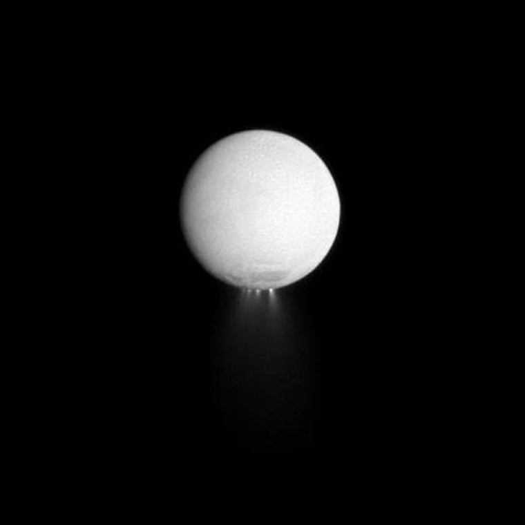 At least four distinct plumes of water ice spew out from the south polar region of Saturn's moon Enceladus. The image was taken in visible light with the Cassini spacecraft narrow-angle camera on Dec. 25, 2009.