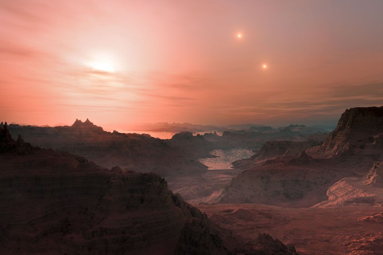 This artist’s impression shows a sunset seen from the super-Earth Gliese 667 Cc. The brightest star in the sky is the red dwarf Gliese 667 C, which is part of a triple star system. The other two more distant stars, Gliese 667 A and B, appear in the sky also to the right. Astronomers have estimated that there are tens of billions of such rocky worlds orbiting faint red dwarf stars in the Milky Way alone.