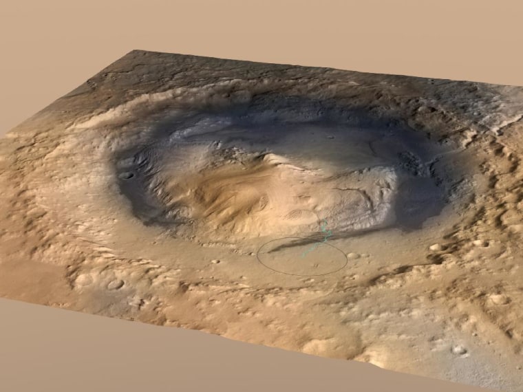 NASA's 1-ton Curiosity rover will land near the foot of Mount Sharp inside Gale Crater.