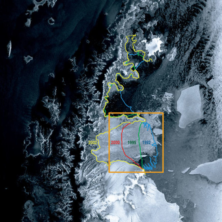 This image of the Larsen Ice Shelf B was taken in 2002 by the satellite Envisat. Earlier levels extents are marked. Since Envisat was launched in 2002, the ice shelf has declined further.