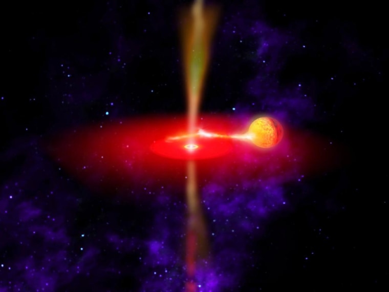 This artist's concept shows what the black hole GX 339-4 might look like as it sucks excess matter from a star orbiting only a few million miles away.