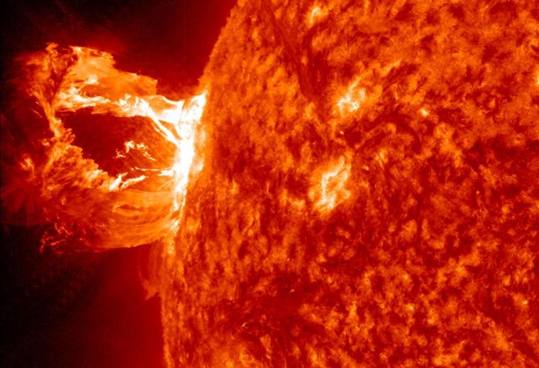 A beautiful prominence eruption shot off the east limb (left side) of the sun on Monday. This view of the flare was recorded by NASA's Solar Dynamics Observatory.