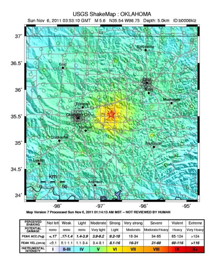 This map shows the  shaking intensity from the magnitude-5.6 earthquake that hit Oklahoma on Nov. 5, 2011.