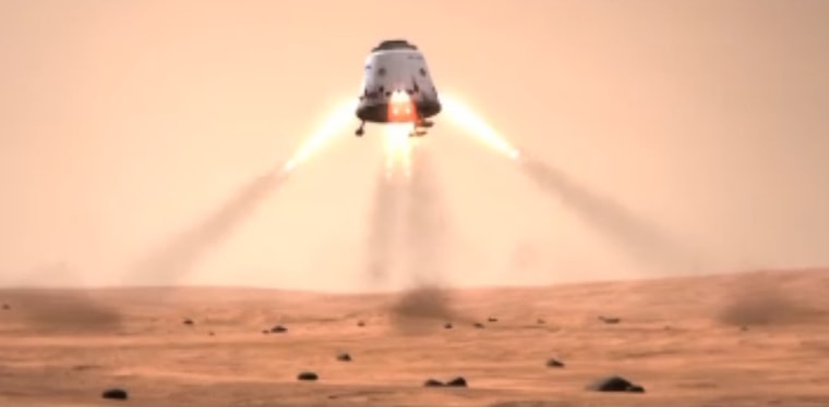 This still photo from a SpaceX mission concept video shows a Dragon space capsule landing on the surface of Mars. SpaceX's Dragon is a privately built space capsule to carry unmanned payloads, and eventually astronauts, into space.
