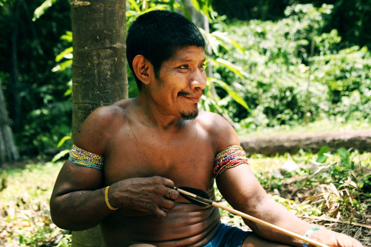 Awa men are skilled hunters who hand-make their own bows and arrows. Awa tribespeople depend on the forest for their hunter-gatherer lifestyle.